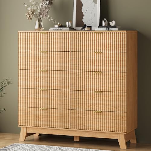 Fluted Dresser for Bedroom with 10 Drawers, 48" Wide Modern Chest of Drawers with Metal Handle, Wooden Dresser TV Stand, Wood Closet Clothes Storage Organizer for Living Room, Hallway, Natural Oak - Image 7