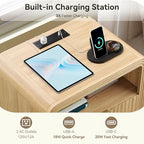 Decofy Fluted Nightstand Set of 2 with Charging Station, 2 Drawers, Oak - Image 4