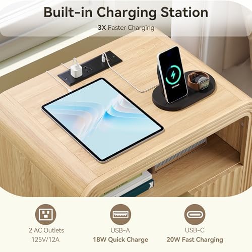 Decofy Fluted Nightstand Set of 2 with Charging Station, 2 Drawers, Oak - Image 4