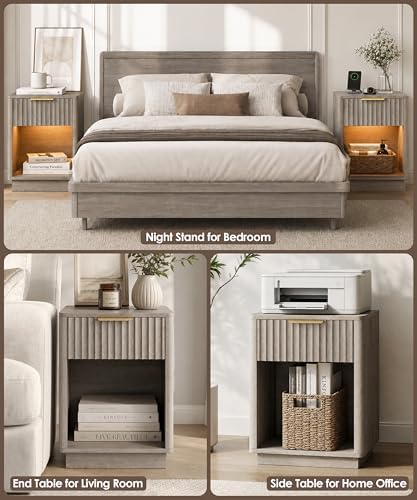 Akxomel Fluted Nightstand Set 2 Bedside Table with Charging Station Greige - Image 6