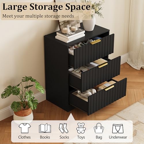 Fluted 3 Drawer Dresser for Bedroom, 30" Tall Modern Dressers, Black - Image 3