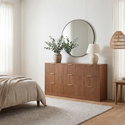 9 Drawer Dresser for Bedroom, 63" Wide Modern Fluted Chest of Drawers, Wooden Dresser with Gold Metal Handles, Mid Century Large Dresser TV Stand for Living Room Hallway Light Walnut - Image 6