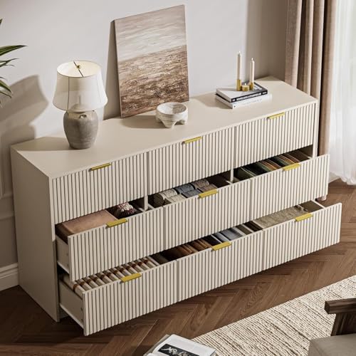 MAISONARIA Beige 9 Drawer Dresser for Bedroom, 63" Wide Modern Fluted Dresser with Gold Metal Handles, Chest of Drawers for Bedroom, Living Room, Entryway, Hallway - Image 3