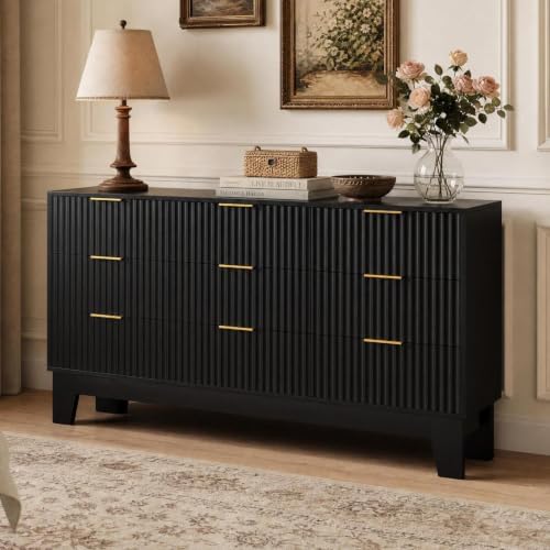 GarveeHome 59" Wide Fluted 9 Drawers Dresser, Black by GarveeHome