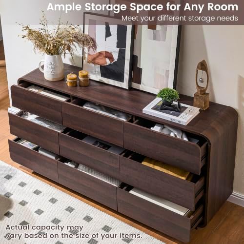 Standifurno 9 Drawer Dresser for Bedroom, Modern Curved Wood Chest of Drawers, 63" W Walnut Dresser Large Storage for Bedroom, Living Room, Hallway, Handleless Design Wooden Nursery Dresser - Image 4