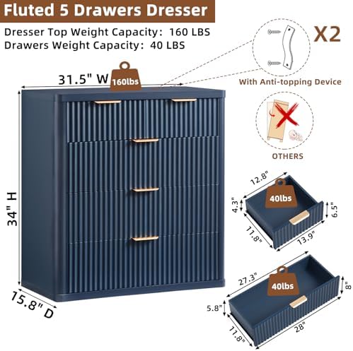 LEYAOYAO Fluted 5 Drawers Dresser for Bedroom, 34" Tall Modern Chest of Drawers with Metal Handle, Curved Profile Design,Navy Blue Wood Drawer Organizer for Bedroom, Living Room, Hallway, Entryway - Image 2