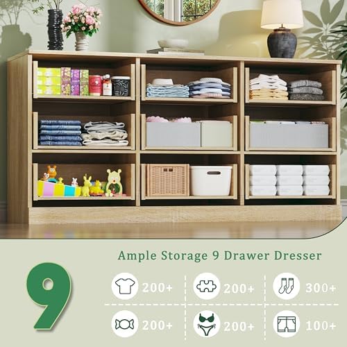HUAHUU 9 Drawer Dresser for Bedroom, 60'' Long Mid Century Modern Dressers TV Stand, Wood Vintage Chests of Drawers, Large Storage Organizer for Bedroom, Closet, Entryway, Natural Oak - Image 7