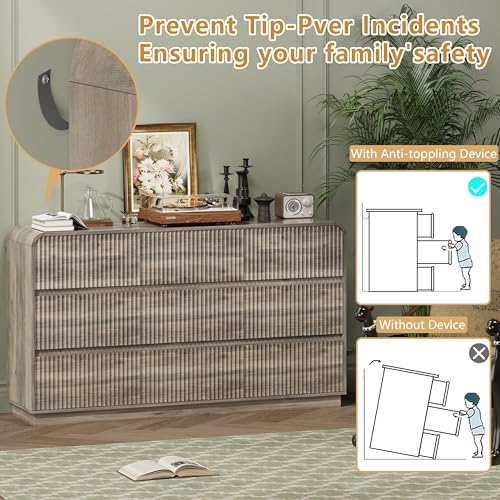 Wodeer Grey Dresser Fluted 9 Drawers Dresser for Bedroom, 59" Wide Wood Chest of Drawers with Hidden Handles & Rounded Corners, Modern TV Stand Storage Cabinet for Living Room, Hallway, Entryway, Gray - Image 6