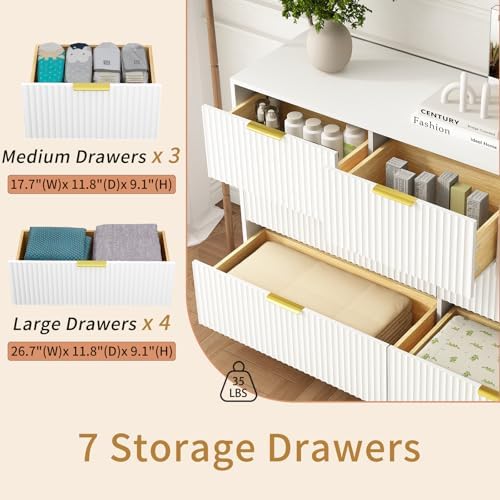 7 Drawer Fluted Dresser with Deep Drawers for Bedroom, White丨55 Wide Mid Century Dresser, Modern Chest of Drawers, Wood TV Stand Storage Organizer for Closet, Living Room, Hallway - Image 3