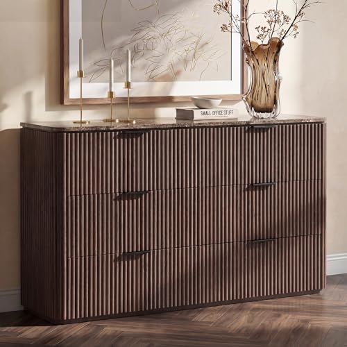 54" W Fluted 6 Drawer Bedroom Dresser, with Faux Marble Top,Dark Oak by DelArk