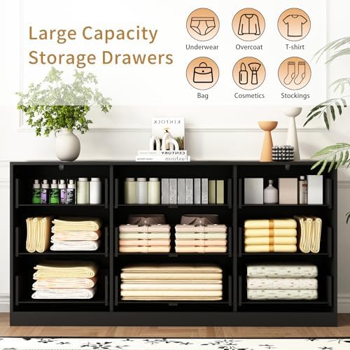 9 Drawer Fluted Dresser for Bedroom with Deep Drawers, Black丨63 Wide Wood Dresser, Large Chest of Drawers, Modern Long TV Stand, Storage Cabinet Side Table for Living Room, Hallway - Image 4