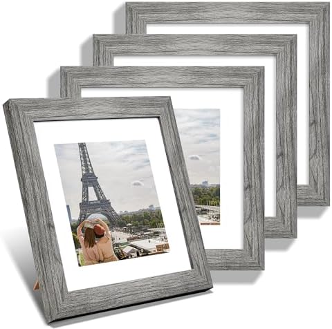 Hongkee 8x8 Picture Frames Set of 4, Made of Glass and Grey Wooden Frame - Display Picture 6x6 with Mat or 8 x 8 Without Mat, 8 by 8 Photo for Wall or Tabletop by Hongkee