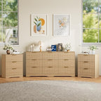 9 Drawer Dresser and Nightstand Sets for Bedroom, Modern Fluted 3 Pcs Bedroom Dresser Furniture Sets, Wood Chest of Drawers and Nightstand Set of 2 with Metal Handles, Natural Oak by METOTI