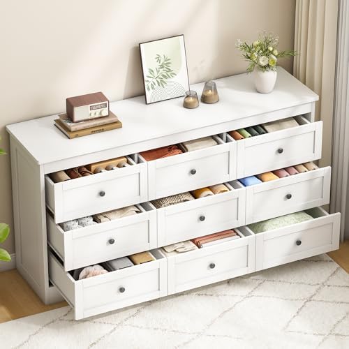 wanan 9 Drawer Dresser for Bedroom, White Modern 59'' Wide Wood Chest of Drawers, Dresser TV Stand, Storage Organizer with Metal Handles for Living Room, Hallway, Entryway - Image 4