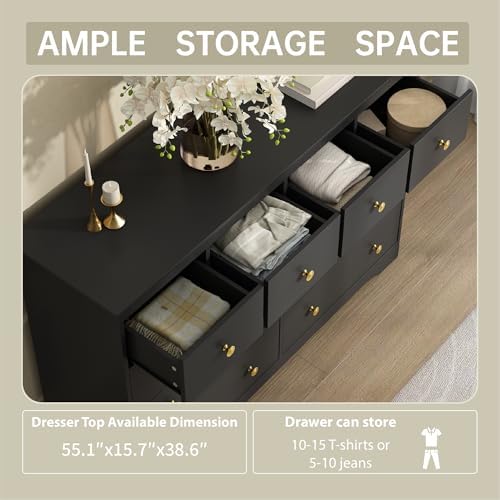 Black Dresser for Bedroom, 10 Drawer Dresser with Large Drawers, 55 Inch Wide Wood Chest for Living Room, Hallway - Image 4