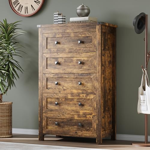 BORNOON Tall 5-Drawer Dresser, Modern Wooden Storage Chest of Drawers, Dresser TV Stand, Wood Drawer Organizer with Metal Handles for Bedroom, Living Room, Hallway - Image 5
