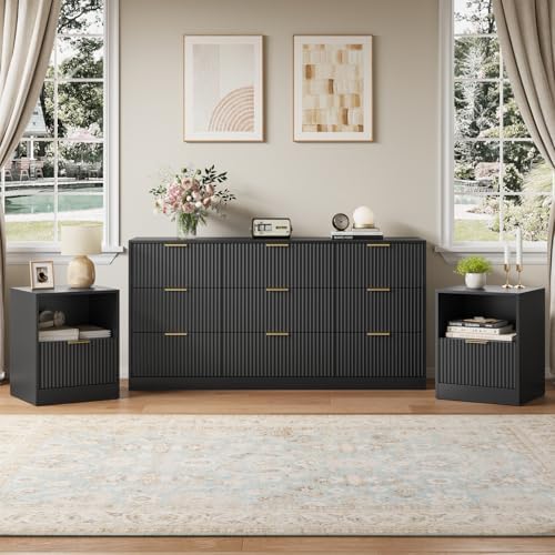 3-Piece 9 Drawer Dresser and 1-Drawer Nightstand Set, Black丨63 Wide Fluted Bedroom Dresser Set Night Stand Set of 2, Modern Wood Chest of Drawers Storage Dressers Set for Bedroom by NOVAMAISON