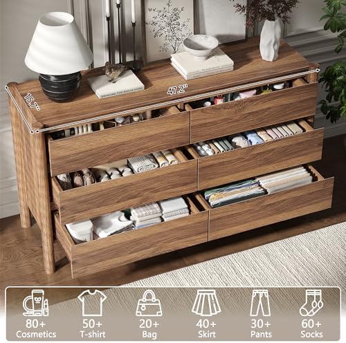 CHUWELL 47.2" Wide Walnut 6 Drawer Dresser for Bedroom with Solid Wood Legs - Image 7