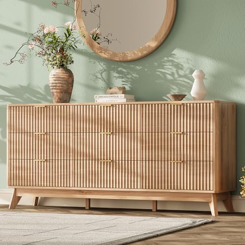 63" Wide Fluted 9 Drawers Dresser for Bedroom,Curved Edge,Oak by TROJMHome