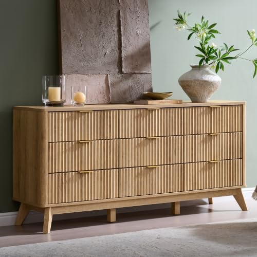 T4TREAM 63" Wide Fluted 9 Drawer Dresser for Bedroom, Natural Oak by T4TREAMFurniture