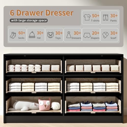 Black Dresser with 6 Drawer 55" Wide Fluted Dresser for Bedroom丨Modern Chest of Drawer with Metal Handles, Wood TV Stand for Bedroom, Living Room, Entryway, Hallway, Black - Image 6