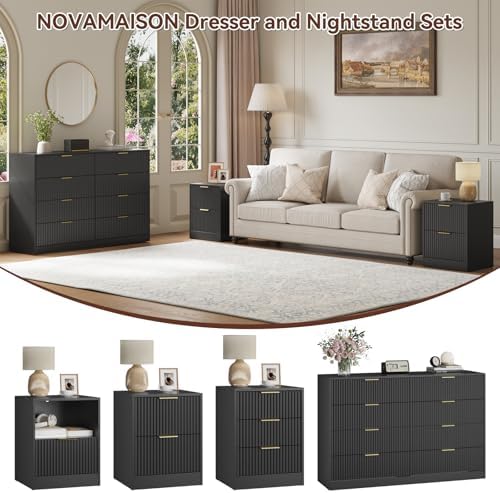 8 Drawer Dresser & 2-Drawer Nightstand Set 3-Piece, Black丨55 Wide Fluted Black Dresser and Night Stand Set of 2 Modern Wood Chest of Drawers Storage Dressers Set for Bedroom - Image 4