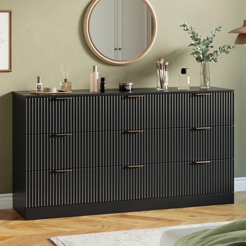 MALOL Fluted 9 Drawer Dresser for Bedroom, 59" Wide Wood Chest of Drawers with Metal Handle, Long Dresser Storage Organizer TV Stand for Closet, Living Room, Hallway, Black by MALOL