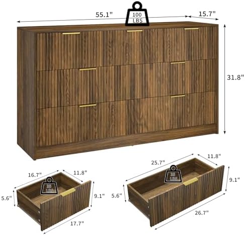 Walnut Dresser with 7 Drawer 55" Wide Fluted Dresser for Bedroom丨Modern Chest of Drawer with Metal Handles, Wood TV Stand for Bedroom, Living Room, Entryway, Hallway, Walnut - Image 2