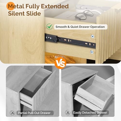 VINGLI Nightstand with Charging Station, LED Nightstand Fluted with Rounded Edge, 19" W Mid Century Modern Night Stand for Bedroom, Fluted Bed Side Table, Oak, 18.9" W*15" D*22.4" H - Image 7