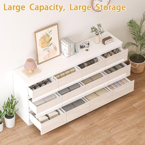 12 Drawers Dresser with Charging Station, Modern Large Dresser with 12 Handle Free Drawers, Wood Chest of Drawers for Bedroom, Living Room, Entryway, Hallway, White - Image 4