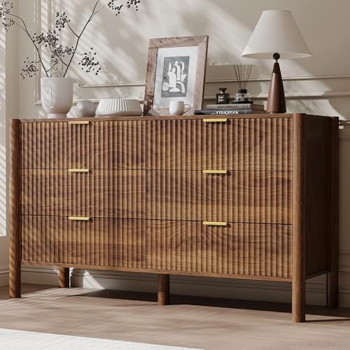 CHUWELL 6 Drawer Dresser 55" Fluted Walnut for Bedroom with Solid Wood Legs by CHUWELLStorageCabinet