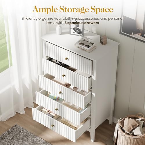 RoyalCraft White Fluted 5 Drawer Dresser for Bedroom, Tall Chest of Drawers, Waterproof Lacquered Desktop,Modern Wood Storage Cabinet for Living Room - Image 4