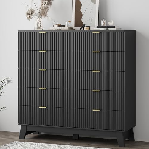 Xixini Fluted Dresser for Bedroom with 10 Drawers, 48" Wide Modern Chest of Drawers with Metal Handle, Wooden Dresser TV Stand, Wood Closet Clothes Storage Organizer for Living Room, Hallway, Black - Image 7