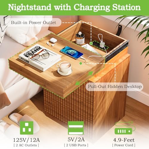 Fluted LED Night Stand with Charging Station, Walnut - Image 4