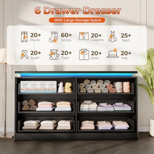 6 Drawer Dresser for Bedroom, 47.24" Black Chest of Drawers w/LED Lights - Image 4