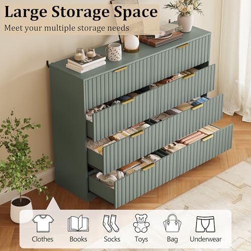 8 Drawer Dresser and Nightstand Sets for Bedroom, Modern Fluted 3 Pcs Bedroom Dresser Furniture Sets, Wood Chest of Drawers and Nightstand Set of 2 with Metal Handles, Green - Image 4