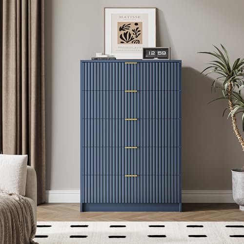 MAISONARIA 5 Drawer Dresser for Bedroom, Tall Dresser Chest of Drawers with Gold Handles, 32 Inch Wide Nightstand with for Bedroom, Living Rooms, Offices, and Entryways, Navy Blue - Image 6