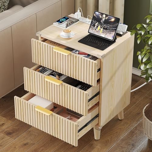 Lulive Wood 3 Drawers Dresser w/Charging Station, Modern Fluted Night Stand - Image 3