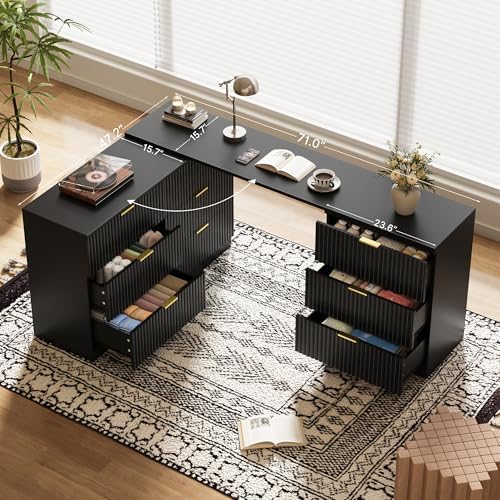 MAISONARIA L-Shaped Rotatable 9 Drawer Dresser for Bedroom, 71" Wide Deformable Black Dresser with Gold Metal Handles, Modern Fluted Chest of Drawers for Bedroom, Living Room, Entryway, Hallway - Image 7