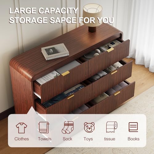 FURSUN Fluted 6 Drawers Dresser for Bedroom, 54" Wide Wooden Dresser with Metal Handle, Curved Profile Design, Modern Storage Organizer for Bedroom, Living Room, Hallway, Dark Walnut - Image 3