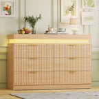 Fluted 6 Drawer Dresser LED Lights & Charging Station, Natural Oak by yesasin