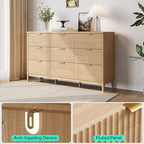 LINSY Fluted Dresser for Bedroom with 9 Drawers, Mid Century Modern Chest of Drawers with Gold Metal Handles, Wide Boho Wood Dressers, Large Farmhouse Storage Cabinet for Bedroom, Living Room, Oak - Image 4