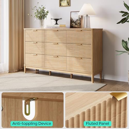 LINSY Fluted Dresser for Bedroom with 9 Drawers, Mid Century Modern Chest of Drawers with Gold Metal Handles, Wide Boho Wood Dressers, Large Farmhouse Storage Cabinet for Bedroom, Living Room, Oak - Image 4