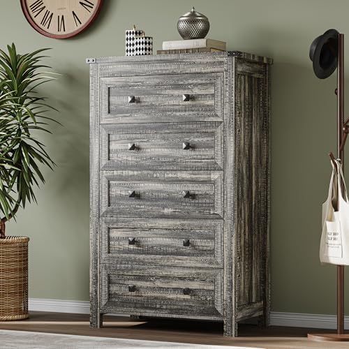 BORNOON Tall 5-Drawer Dresser, Modern Wooden Storage Chest of Drawers, Dresser TV Stand, Wood Drawer Organizer with Metal Handles for Bedroom, Living Room, Hallway - Image 5