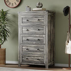 BORNOON Tall 5-Drawer Dresser, Modern Wooden Storage Chest of Drawers, Dresser TV Stand, Wood Drawer Organizer with Metal Handles for Bedroom, Living Room, Hallway - Image 5