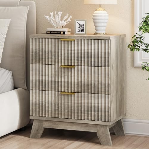 Xixini Fluted Nightstand with 3 Drawers, 24" Wide Side Table, Grey by Xixini