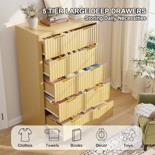 Natural Oak Dresser with 5 Deep Drawers, 47" Tall Fluted Chest of Drawers, Round Edge, Modern Vertical Dresser, Wooden Storage Organizer Cabinet for Bedroom, Living Room, Entryway, Hallway - Image 4