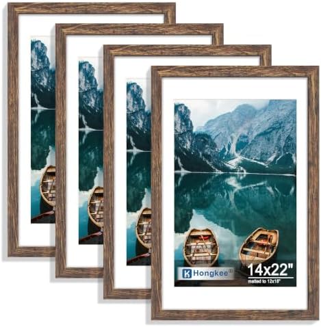Hongkee 14x22 Picture Frame Set of 4, 14 x 22 Rustic Brown Wood(Mat 12x18) by Hongkee