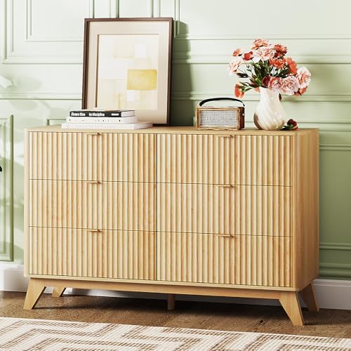 VINGLI Fluted Dresser for Bedroom, 6 Drawer Dresser Mid Century Modern, Oak by VINGLI