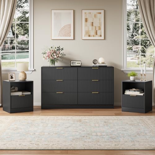6 Drawer Dresser & 1-Drawer Nightstand Set 3-Piece, Black丨55 Wide Bedroom Set Night Stand Set of 2 with Metal Handle, Fluted Wood Chest of Drawers Storage Dressers Set for Bedroom by NOVAMAISON